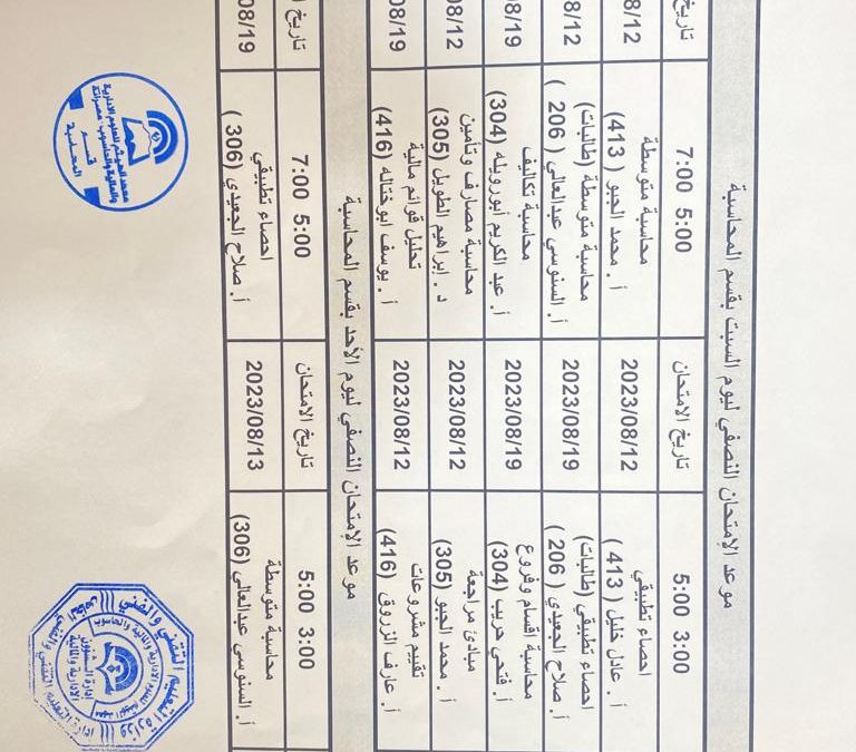 جدول الامتحانات النصفية لقسم المحاسبة